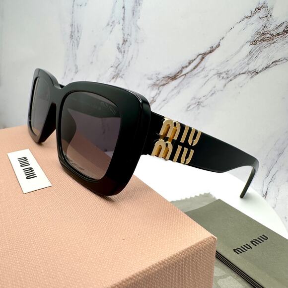 New MIU MIU Sunglasses Black Square Acetate Gold Metal Logo Italy Authentic - Picture 5 of 16